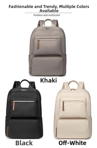 Three minimalist nylon travel backpacks in khaki, black, and beige colors on white background