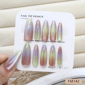 Handmade rainbow cat eye press-on nails with gradient shimmer in almond shape FM142