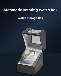 Detail of single automatic watch winder box with black lychee leather and visible stitching
