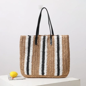 Striped Straw Tote Bag Handmade Woven Shoulder Bag Large Capacity Summer Vacation Beach Handbag For Women Contrast Color Style