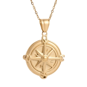 Vintage gold compass pendant necklace in 18K plated stainless steel on white background