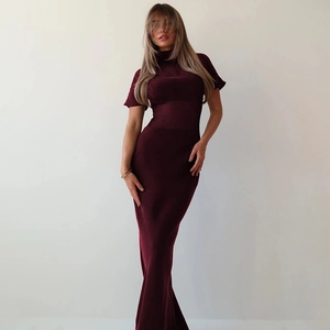 Elegant wine red high-neck mesh maxi dress with short sleeves and slim fit silhouette