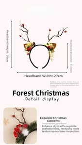 Vue détaillée montrant les dimensions et matériaux du serre-tête bois de renne de Noël