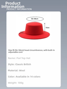 Size chart for wool felt boater hat featuring adjustable string and detailed dimensions
