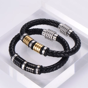 Men's punk rock braided leather bracelet with gold and silver cylinder metal accents