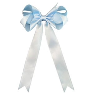 Detailed view of light blue satin hair bow with long ribbons and elegant V-cut ends