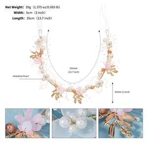 Detail showing dimensions of bridal headband with pearls, gold leaves, and fabric flowers