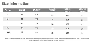 Detailed size information chart for elegant embroidered dress in centimeters and inches
