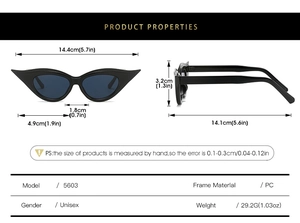 Detailed dimension guide for black cat-eye sunglasses featuring size and material specs