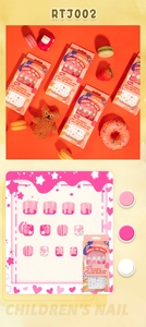 Close-up of pink cartoon kids press-on nail kit with hearts and stars patterns