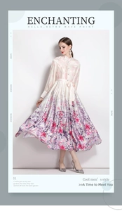 Detail of elegant satin maxi dress featuring high neck, buttoned bodice and floral print skirt