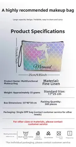 Macro view of 17x25cm mermaid print zipper pouch with detailed size and material specs