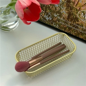 Pink makeup brush set stored in a minimalist pale yellow iron wire desk organizer basket