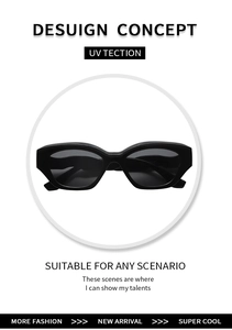 Detail of black wide-frame cat-eye sunglasses with UV protection and TR90 modern finish