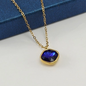 Fashionable 18K gold plated stainless steel necklace with square blue zircon pendant