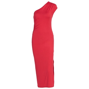 Detail view of red one-shoulder maxi dress with side ruching and slim fit design