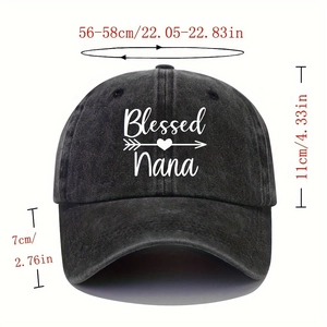 Washed black baseball cap with Blessed Nana embroidery and 56-58cm size dimensions