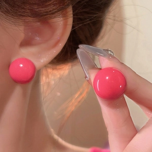 Minimalist vibrant pink dopamine round stud earrings with silver needles for a chic sweet look