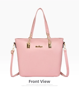 Front view of pink faux leather tote bag with gold logo and metallic chain handle details