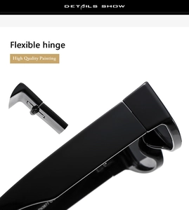 Detail of flexible metal hinge and high-quality glossy finish on rectangular sunglasses
