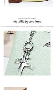Close-up of mint green pebble leather handbag featuring polished silver star charms
