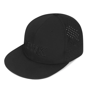 Black hip-hop flat brim hat with FEWK embroidery and laser-cut ventilation holes