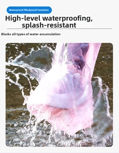 Pink high-top waterproof disposable shoe covers protecting feet from water splashes