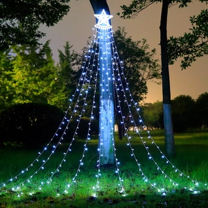 Solar LED star waterfall lights for outdoor Christmas garden decoration with white glow