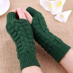 Women's dark green cable knit fingerless gloves with thumb hole for winter warmth