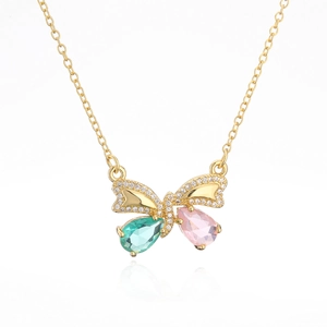 Exquisite 18K gold plated bow necklace with colorful teardrop gems and sparkling zircons