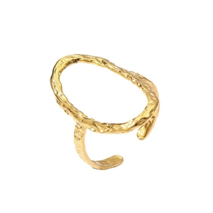 Detail of 18k gold plated adjustable ring with irregular hammered texture and hollow oval top