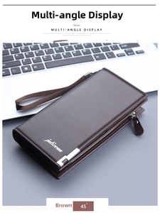 Brown leather men's long wallet with silver logo in a professional business setting