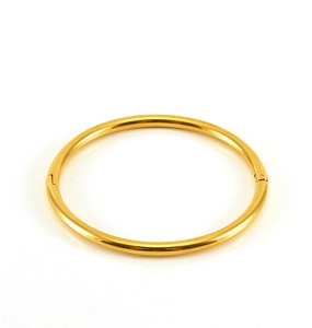 Detailed macro of a polished gold titanium steel bangle showing the hinge and clasp