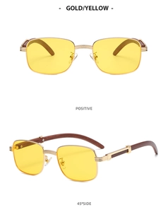 Detail showing wood texture temples and metal bridge of square fashion sunglasses