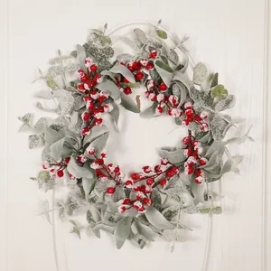Frosted Christmas Wreath Red Berry Eucalyptus Rabbit Ear Leaves Cloth Foam Iron Wire Snow Covered Front Door Decor Rural