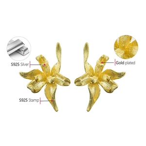 Detailed view of S925 silver iris earrings featuring elegant gold plated floral texture