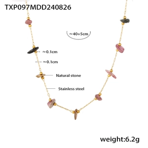 Detail view of bohemian stainless steel necklace with natural colorful stones and size info