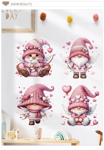 Detailed view of four pink Valentine gnomes stickers with wings and heart motifs