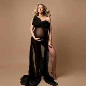 Maternity Photography Dress Off Shoulder Chiffon Tulle Large Bow Sexy Floor Length Pregnancy Photo Shoot Gown Black