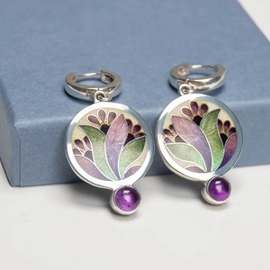 Vintage silver-tone round dangle earrings with purple floral enamel and gemstones