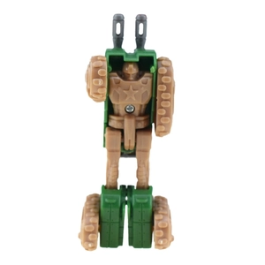 Detail of army green military toy robot with tank treads and star emblem