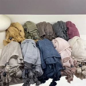 Colorful voile headscarf with handmade tassels and wood beads in various colors