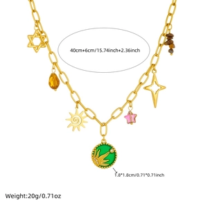 Gold stainless steel chain necklace with green enamel disc, star and sun charms