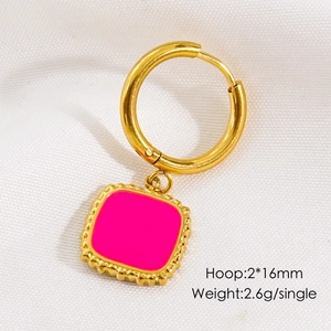 Detail of gold hoop earring with pink enamel pendant and 2x16mm size specifications