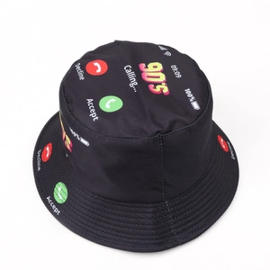 Detail of 90's calling print on black bucket hat with phone interface icons and symbols