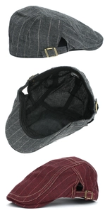 Detail of 100% cotton striped beret with adjustable metal buckle and inner lining