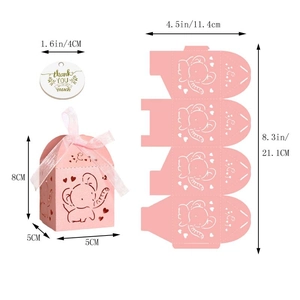 Detailed dimensions of pink elephant candy box with hollow design and silk ribbon tag