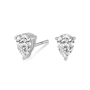Detail of pear-cut S925 sterling silver stud earrings with 3-prong setting on white background