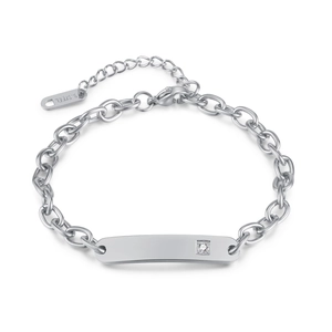 Polished silver stainless steel NK chain bracelet with a single zircon bar charm