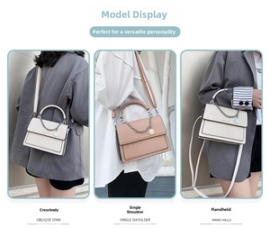 Three-way display of small crossbody flap bag showing shoulder, crossbody and handheld styles